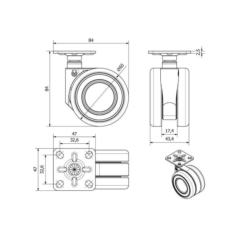 Roulette de meuble double galet design 